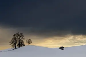 Snowy Countryside Scene Stampe: Winter landscape against a dramatic sky