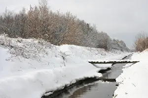 Rural Winter Scene Stampe: Winter river with a small bridge