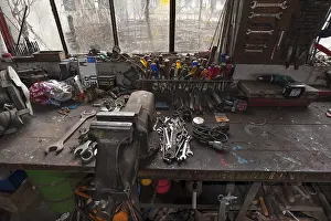 Empty Workshop Space Stampe: Workbench in a workshop, Bavaria, Germany
