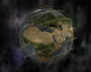 Digital World Map Stampe: World globe and binary code