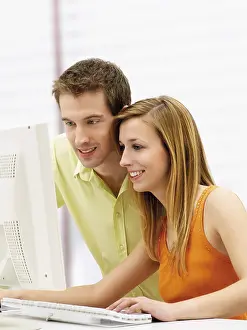 Young Couple Stampe: Young couple using a computer