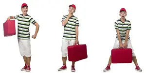 White Background Studio Shot Stampe: Young man with red suitcase isolated on white